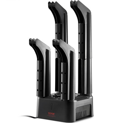 Black Bostome shoe dryer with four detachable orange tubes and timer on base.