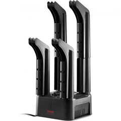 Black Bostome shoe dryer with four detachable orange tubes and timer on base.