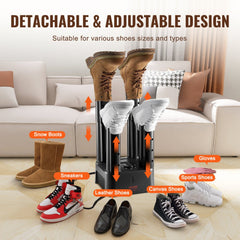 Black and orange detachable 4-tube shoe dryer with timer, showing adjustable tubes in various shoes like boots and sneakers.