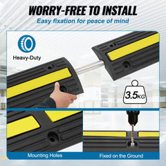 4-pack of 39-inch black rubber cable protector ramps with yellow stripes, interlocking design, and mounting holes for easy ground fixation.