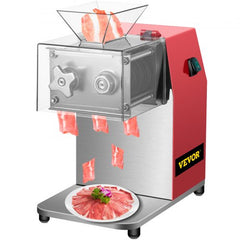 Red Bostome 850W stainless steel commercial meat slicer with raw meat slices on output tray.