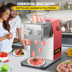 Red Bostome 850W stainless steel commercial meat cutter with feeding tray and sliced meats on counter.