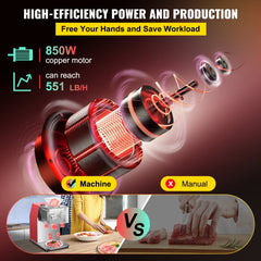 Stainless steel 850W commercial meat cutting machine with 551 lbs/h capacity, showing motor and machine vs manual cutting.