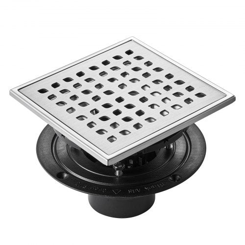 Brushed 304 stainless steel 16-inch linear shower drain with square grate.
