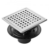 Brushed 304 stainless steel 16-inch linear shower drain with square grate.