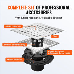 Brushed 304 stainless steel 16-inch linear shower drain with grate, filter, and base.