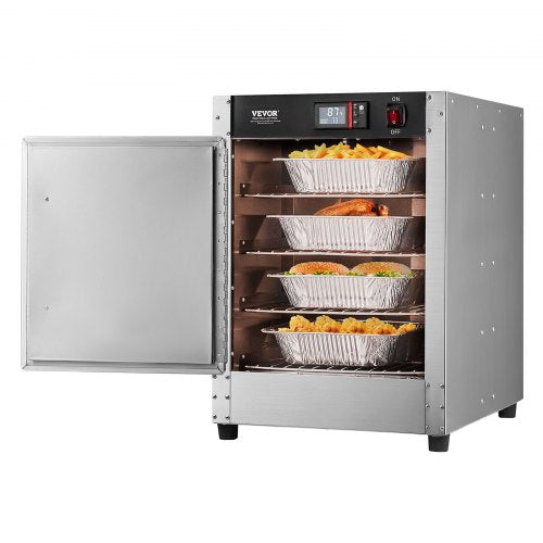 4-tier food warmer with adjustable temperature and stainless steel build for even heating.