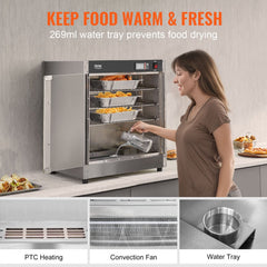 Bostome 5-tier food warmer with stainless steel, glass door, and adjustable shelves for trays.