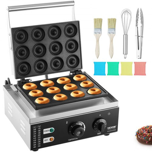 Electric donut maker with 12 non-stick holes, baking donuts, timer, controls, and accessories.