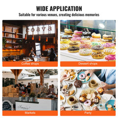 Collage showing coffee shops, dessert shops, markets, and parties for wide donut maker application.