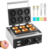 Electric donut maker with 6 non-stick holes, temperature control, timer, and stainless steel body.