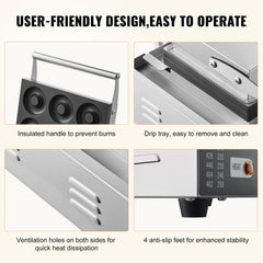 Stainless steel electric donut maker with 6 non-stick holes, insulated handle, drip tray, vents, and anti-slip feet.