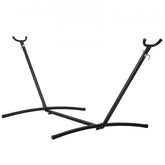 Black steel hammock stand with curved base and adjustable arms for 10-13 ft hammocks