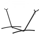 Black steel hammock stand with U-shaped arms and arched base for 9.5-12.6 ft hammocks.