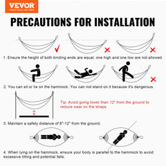 Infographic of installation precautions for Bostome Steel Hammock Stand, showing equal binding heights, safe seating, ground clearance, and parallel body alignment.