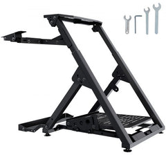 Black foldable racing steering wheel stand with adjustable height, universal plates, and included tools.