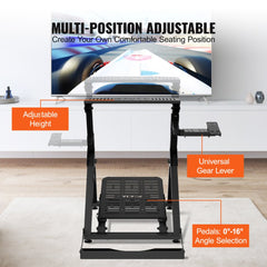 Foldable black racing steering wheel stand with adjustable height, universal gear lever, and pedal angle selection.