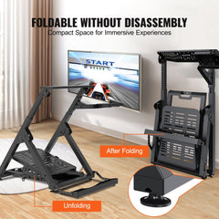 Foldable height-adjustable racing steering wheel stand for Logitech and Thrustmaster, shown unfolded and folded.