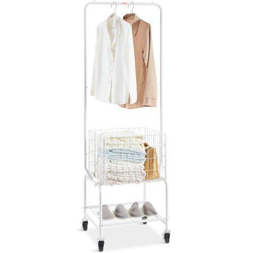 White metal rolling laundry basket with adjustable hanging rack, wire basket, and shoe shelf on casters.