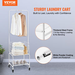 White metal rolling laundry basket with adjustable hanging rack, shelf, and wheels.