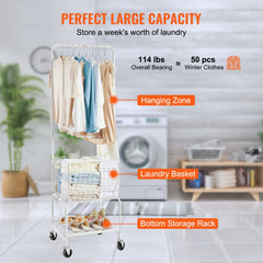Metal rolling laundry basket with hanging rack, adjustable height, and bottom storage rack.