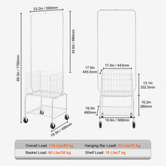 Metal rolling laundry basket with adjustable height hanging rack, 66 lb basket, 15 lb shelf, and 114 lb overall capacity.