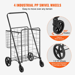 Folding shopping cart with double baskets and 360° swivel wheels for easy maneuverability.