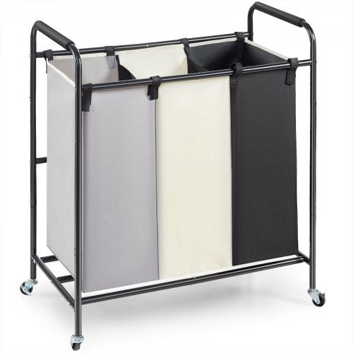 Three-section laundry sorter cart with heavy-duty bags and wheels for easy transport.