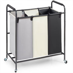 Three-section laundry sorter cart with heavy-duty bags and wheels for easy transport.