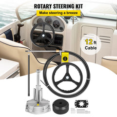 Bostome 12ft boat steering cable kit with 13.5-inch wheel and rotary helm for easy navigation.