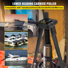 Steel bearing carrier puller with adjustable arms for marine engine maintenance.