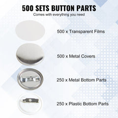 Bostome 1-inch button badge parts in 500 sets, featuring metal covers and plastic bottoms.