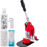 Red and black 25mm button badge maker machine with 1000 parts kit including pins and shells.
