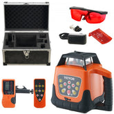 Orange Bostome 360° self-leveling red cross line laser level with case, red glasses, remote, and detector.