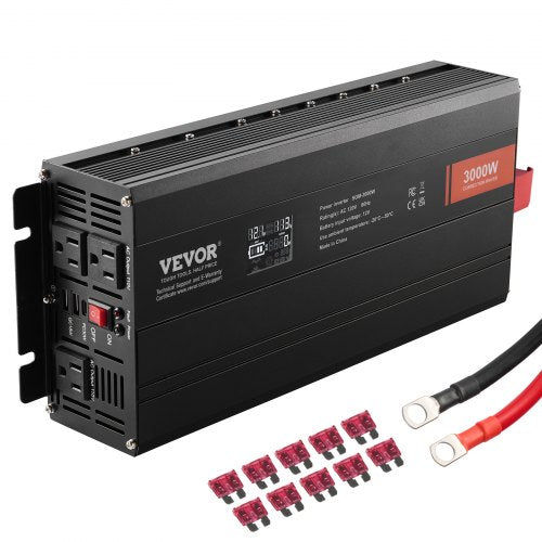 Black Bostome 3000W modified sine wave inverter with LCD, multiple outlets, and red cables.