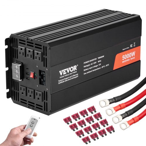 Bostome 5000W modified sine wave inverter with DC 12V to AC 120V conversion, multiple outlets, LCD display, remote control, and red cables.