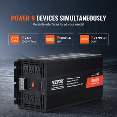 Black Bostome 5000W inverter with 6 AC outlets, 2 USB-A ports, and 1 USB-C port.