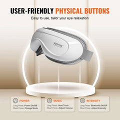 White Bostome heated eye massager with physical buttons for power, music, and intensity controls.