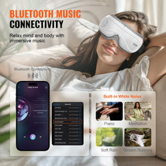 Bostome heated eye massager with remote, featuring five modes and Bluetooth music capability.
