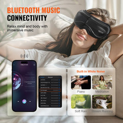Foldable heated eye massager with Bluetooth music connectivity and 5 modes shown on a woman relaxing.