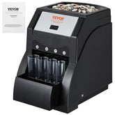 A black coin sorter machine with a hopper full of coins and four clear coin tubes.