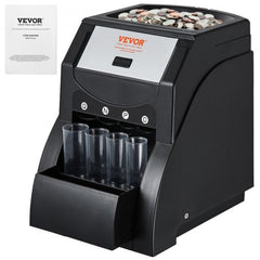 A black coin sorter machine with a hopper full of coins and four clear coin tubes.