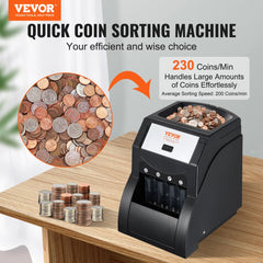 Black Bostome USD coin sorter machine with 200-coin hopper and 230 coins/min speed.
