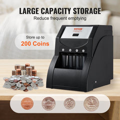 Black Bostome USD coin sorter machine with 200-coin capacity, sorting mixed U.S. coins on a table.