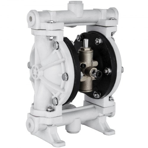 White polypropylene air-operated double diaphragm pump with 1/2-inch ports.