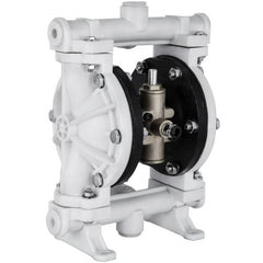 White polypropylene air-operated double diaphragm pump with 1/2-inch ports.