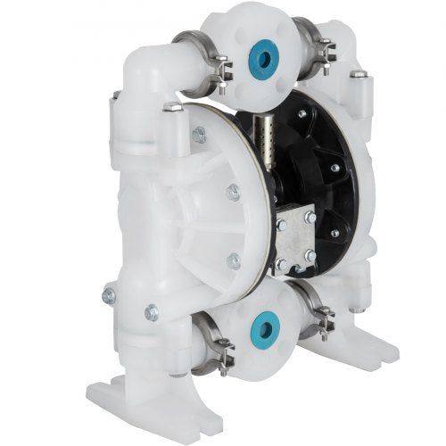 White 1-inch polypropylene air-operated double diaphragm pump with blue accents and NPT ports.
