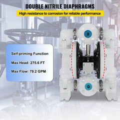 White 1-inch polypropylene air-operated double diaphragm pump with self-priming function, max head 275 ft, and max flow 79 GPM.