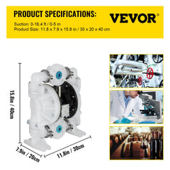 White 1-inch polypropylene air-operated double diaphragm pump with dimensions 11.8 x 7.9 x 15.8 inches.