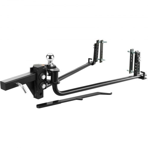 Black weight distribution hitch with sway control, 1000 lbs capacity, and hitch ball.